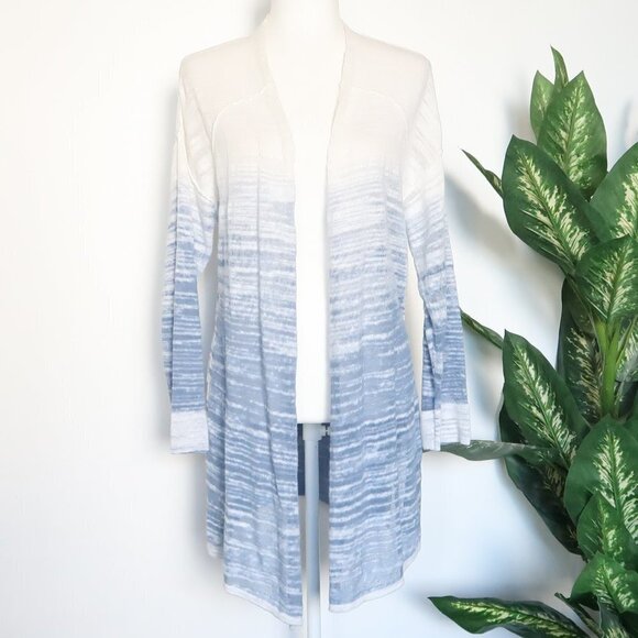 Nic + Zoe Blue White Open Breeze Linen Cotton Ombre Long Sleeve Cardigan Medium - Picture 6 of 14